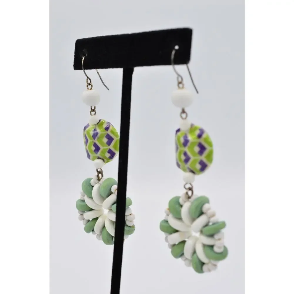 Vintage Statement Earrings Dangle Wooden Beaded Green White Funky 70s 80s 9L